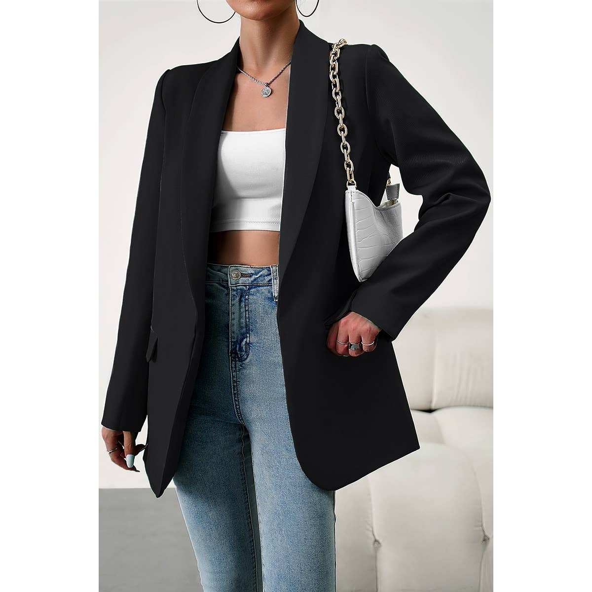 Solid Front Open Turndown Collar Blazer