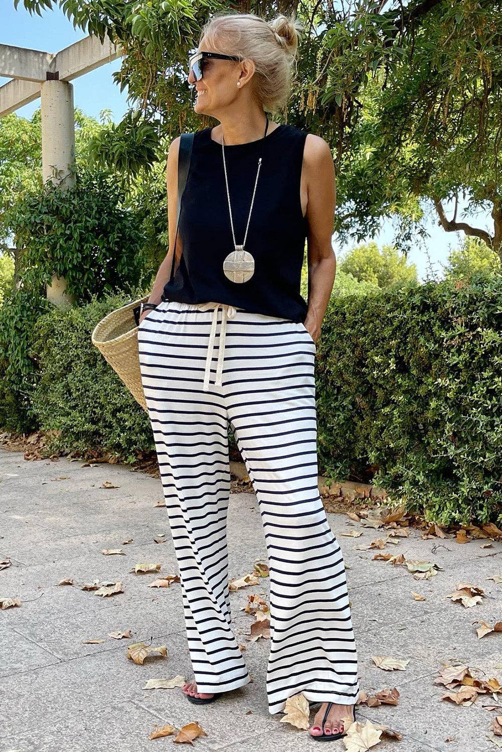 White Drawstring Striped Wide Leg Pants