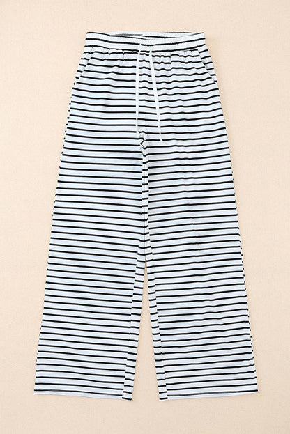 White Drawstring Striped Wide Leg Pants