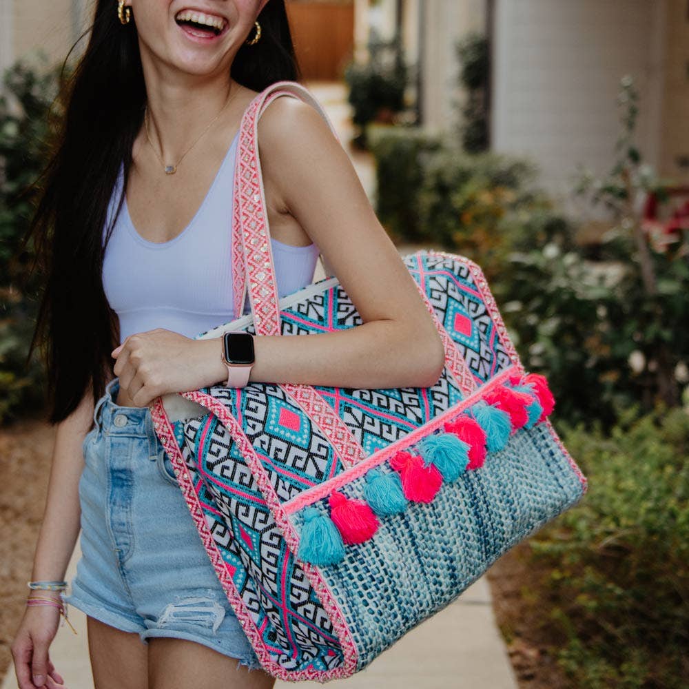 Turquoise and Pink Diamond Tote Bags for Women