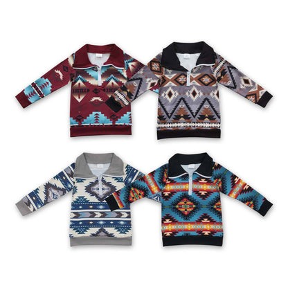 Long sleeves kids boys zipper aztec western pullover