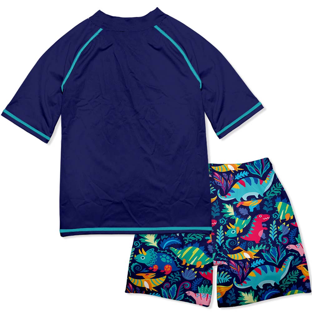 Boys Navy Dino Short-Sleeve Rashguard Set