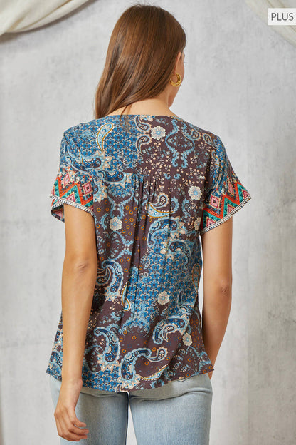 Savannah Jane PLUS SIZE Aztec Embroidery Tunic Top Features a Round Neck