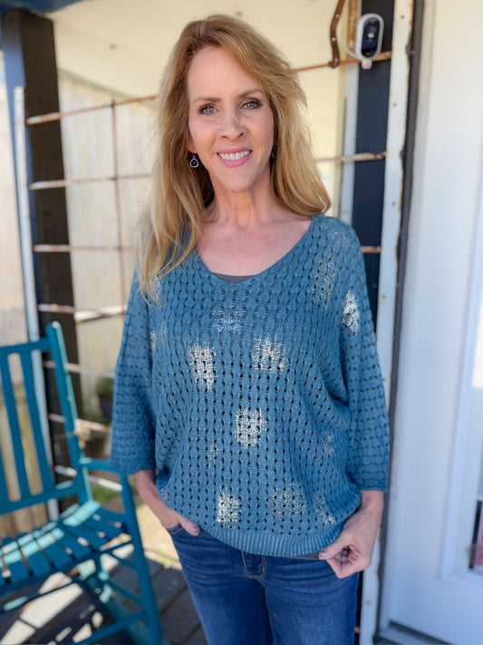 Beverly Open Knit Sweater - Dusty Blue