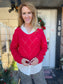 Red Open Knit V-Neck Sweater