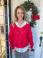 Red Open Knit V-Neck Sweater