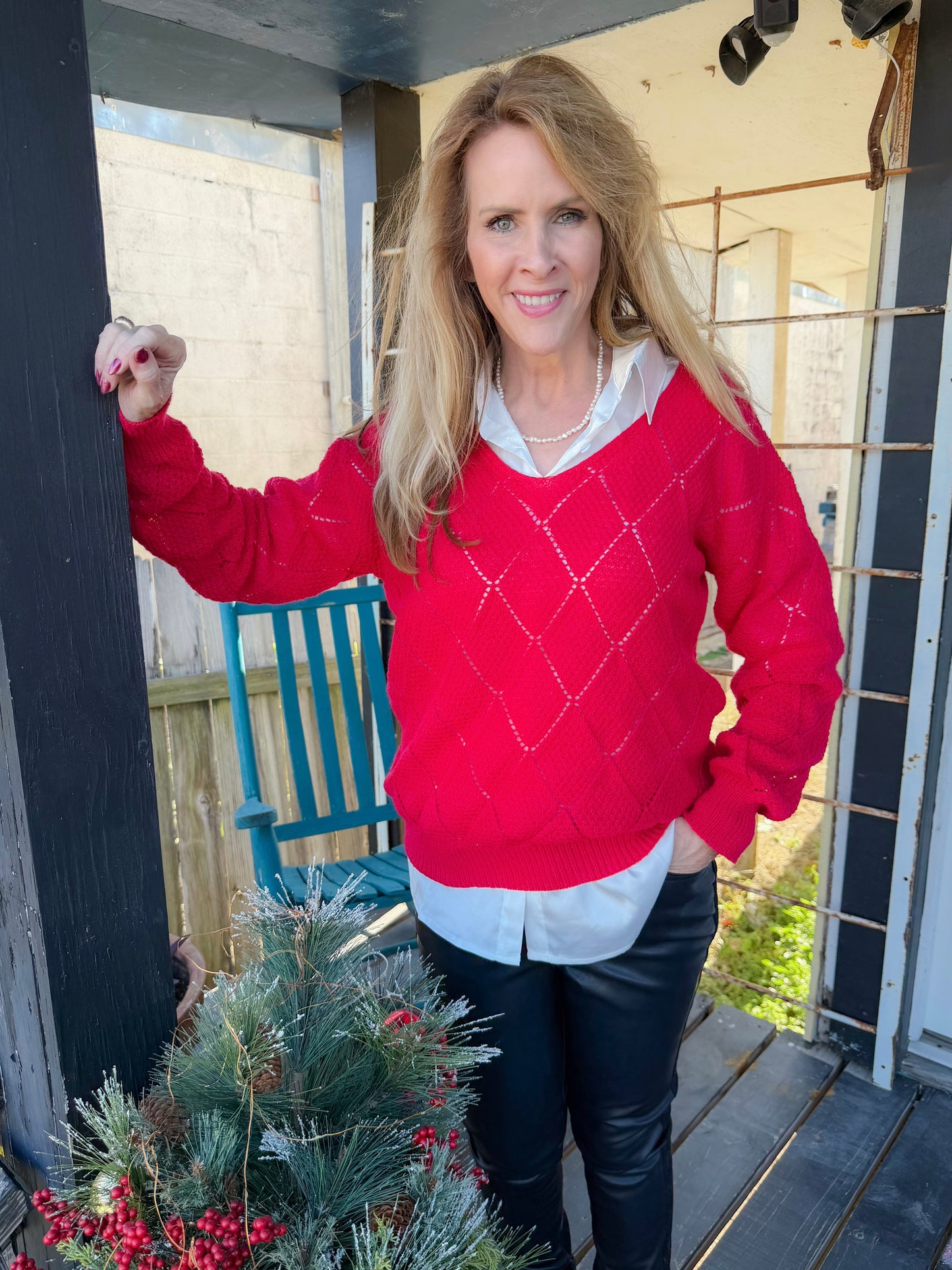 Red Open Knit V-Neck Sweater