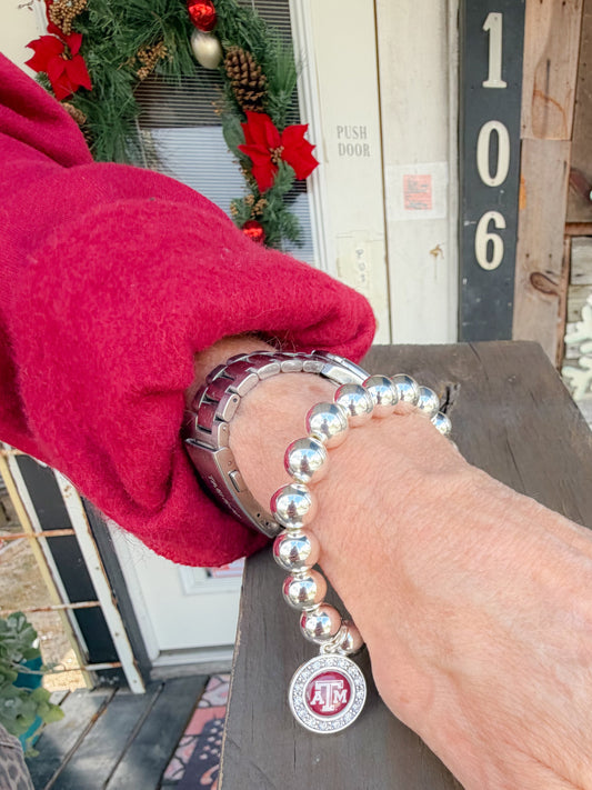 Texas A&M Silver Bead Stretch Bracelet