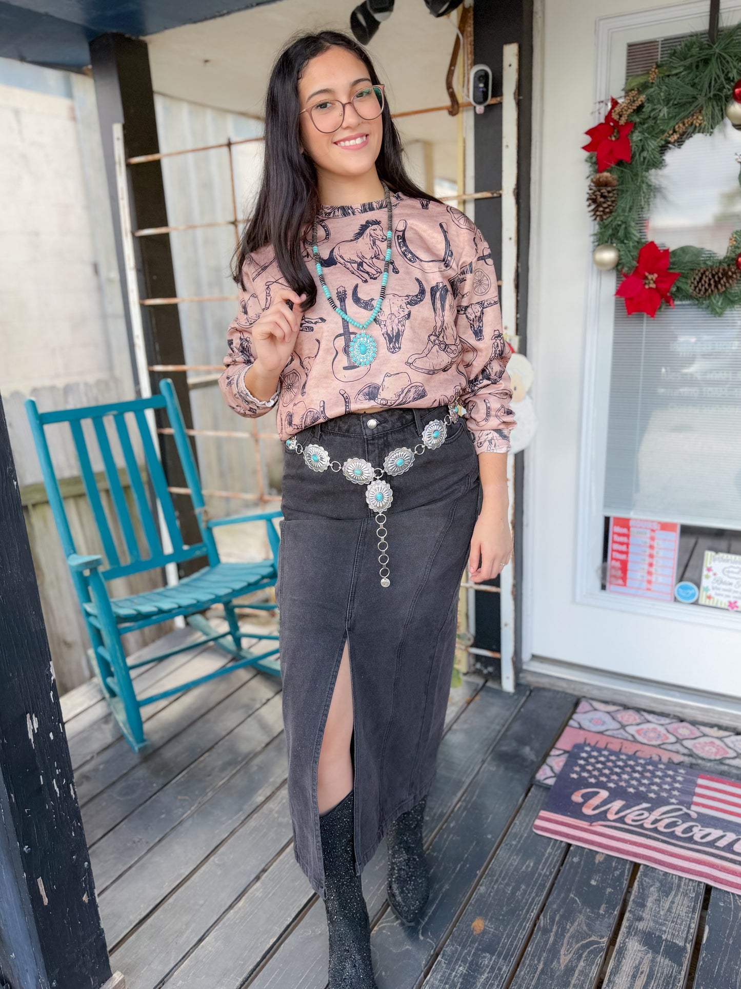 Paneled Denim Midi Skirt