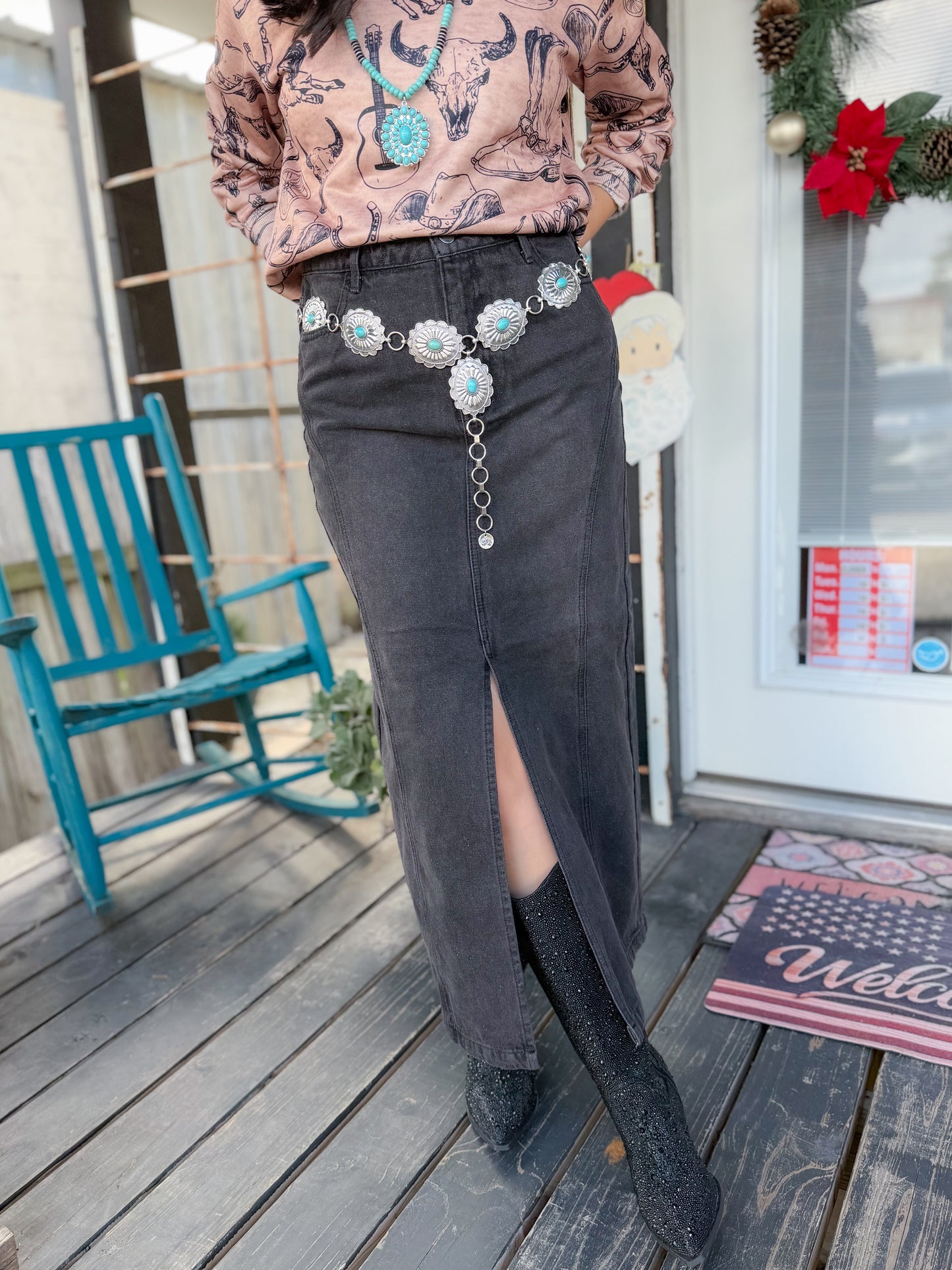 Paneled Denim Midi Skirt