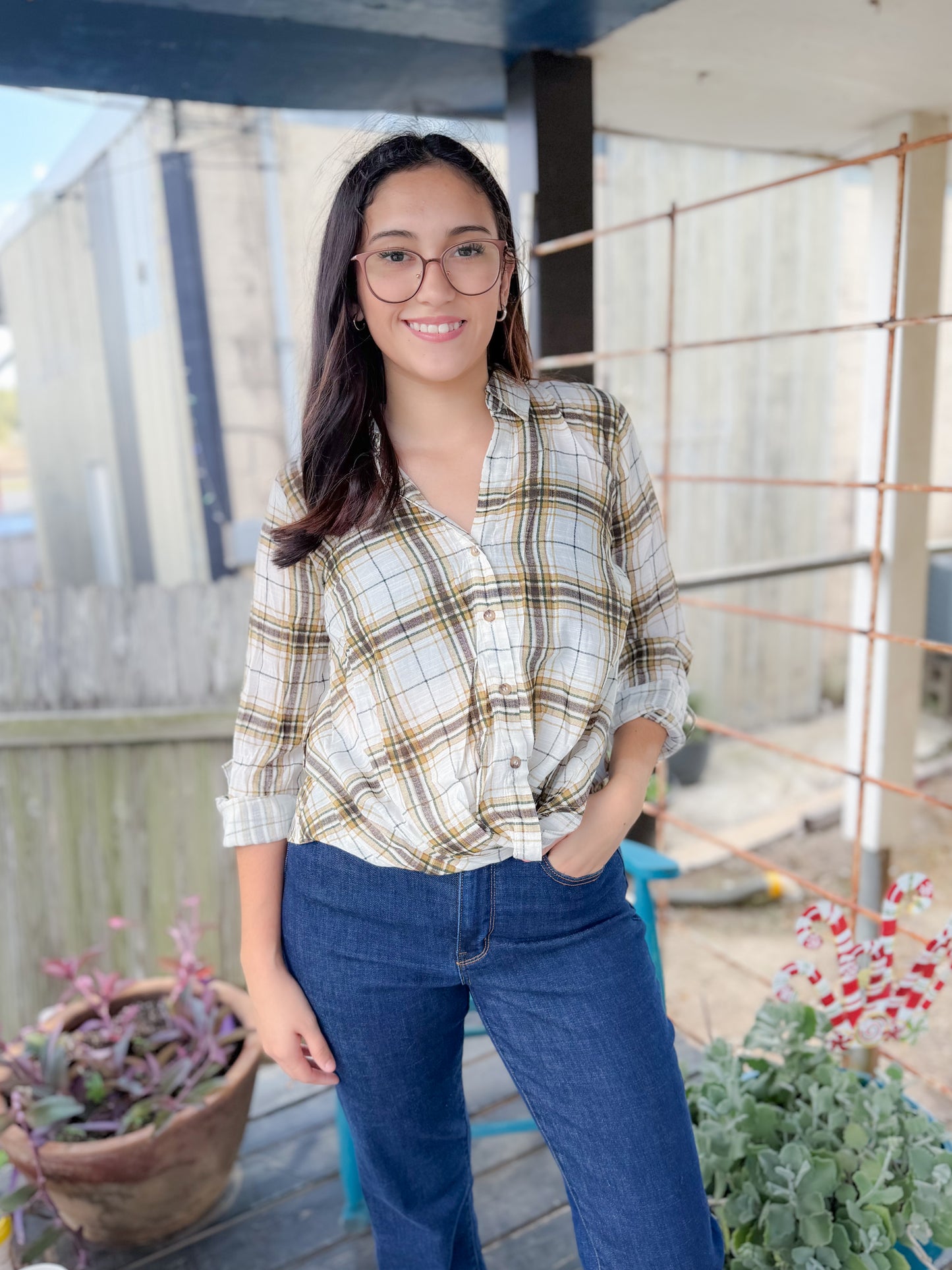 Autumn Trails Plaid Button Top