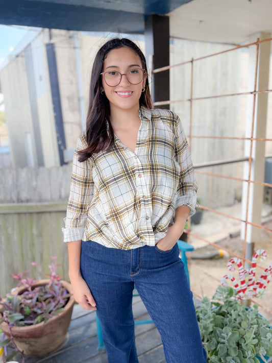 Autumn Trails Plaid Button Top