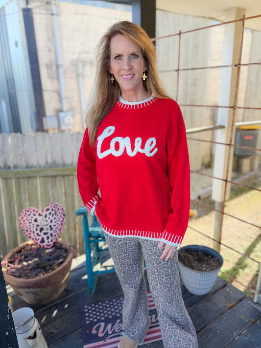 RED LOVE SCRIPT SWEATER