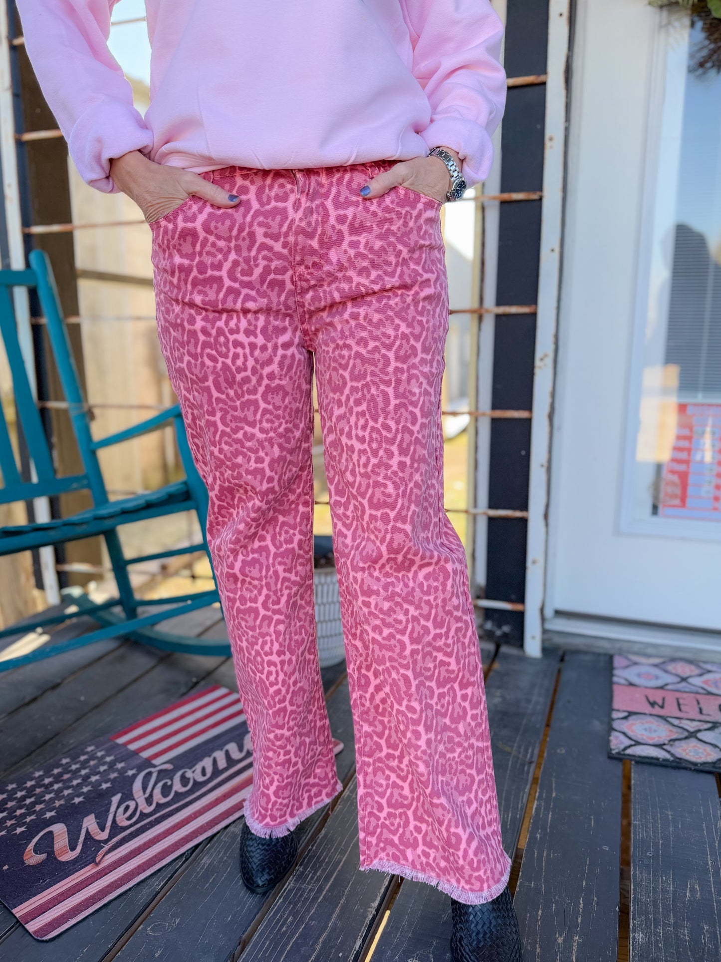 PINK LEOPARD RAW HEM JEANS