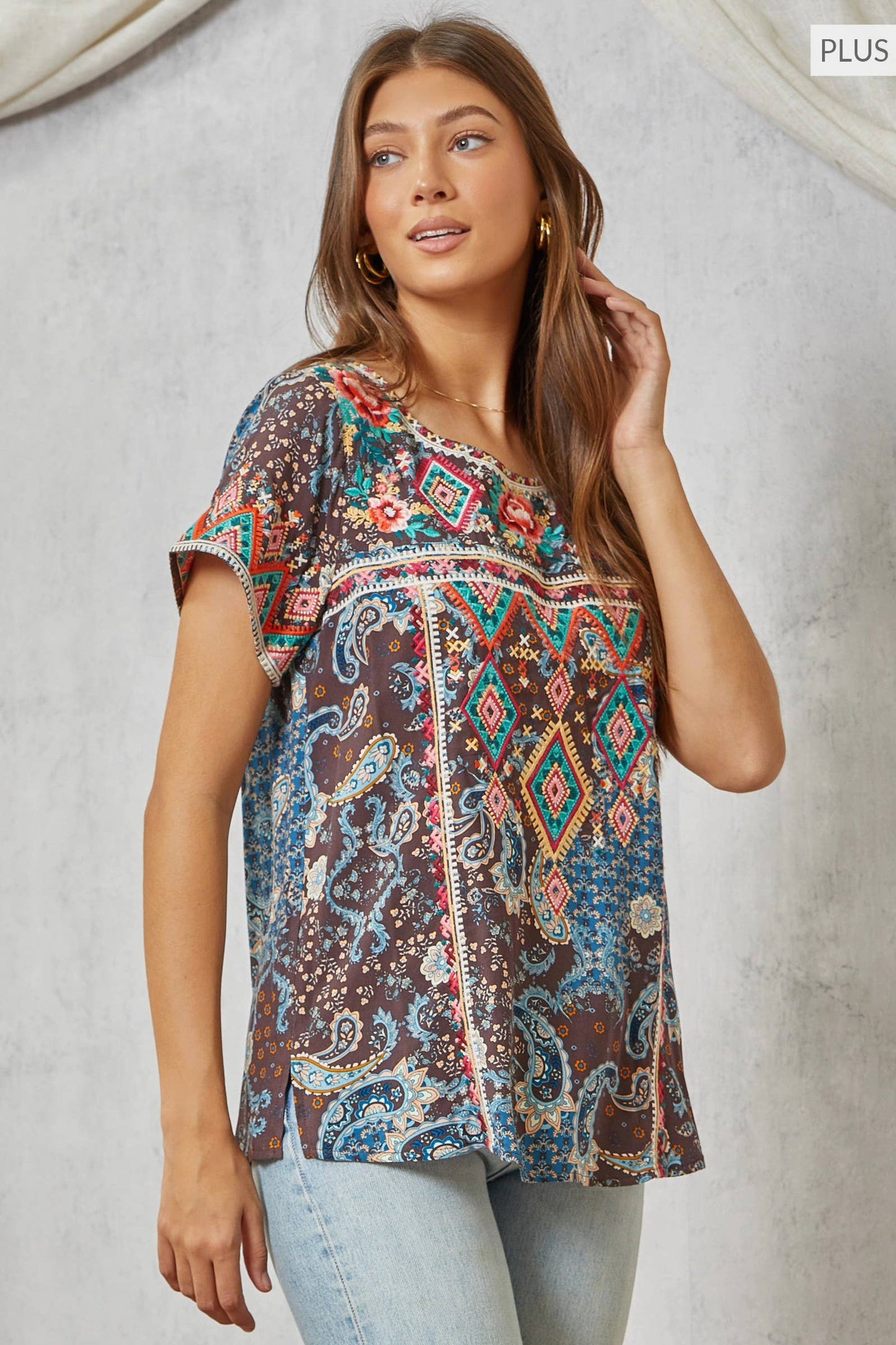 Savannah Jane PLUS SIZE Aztec Embroidery Tunic Top Features a Round Neck