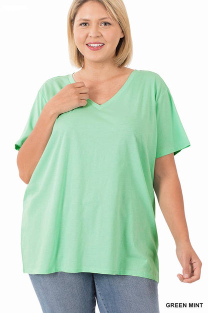 PLUS SIZE COTTON SHORT SLEEVE BOYFRIEND V-NECK TOP