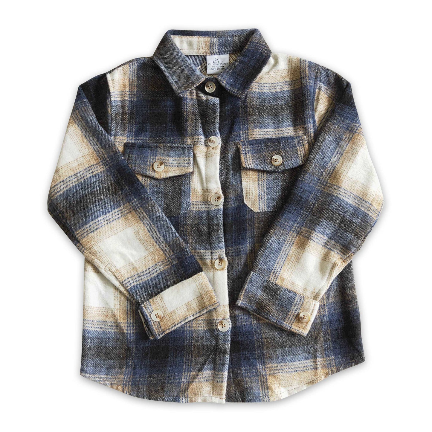 Brown plaid cotton pocket boy thick flannel button up shirt