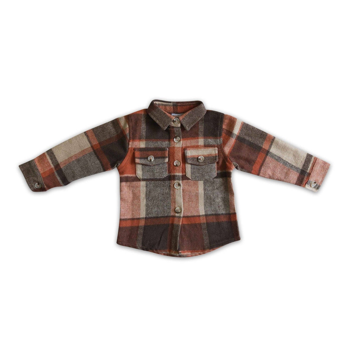 Brown plaid cotton pocket boy thick flannel button up shirt