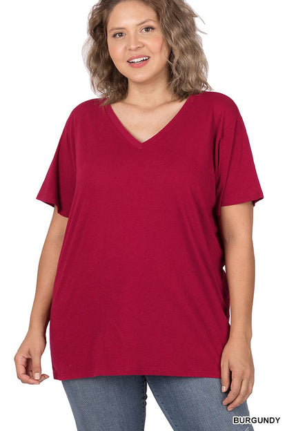 PLUS SIZE COTTON SHORT SLEEVE BOYFRIEND V-NECK TOP