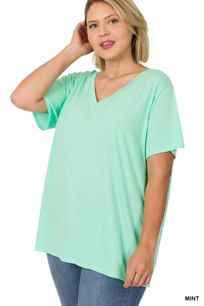 PLUS SIZE COTTON SHORT SLEEVE BOYFRIEND V-NECK TOP