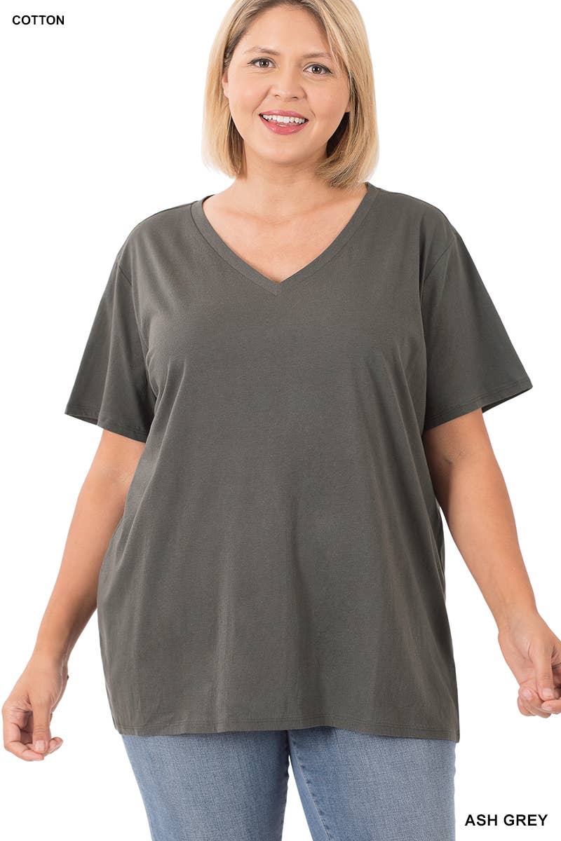 PLUS SIZE COTTON SHORT SLEEVE BOYFRIEND V-NECK TOP