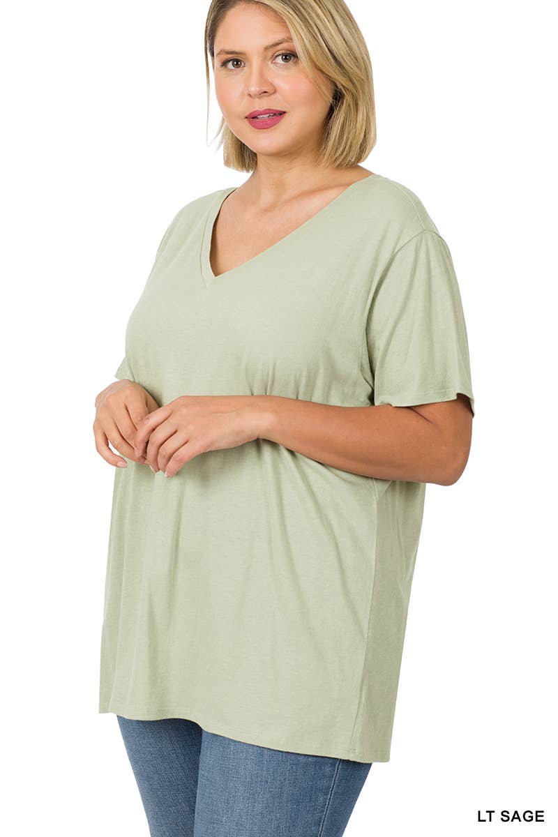 PLUS SIZE COTTON SHORT SLEEVE BOYFRIEND V-NECK TOP