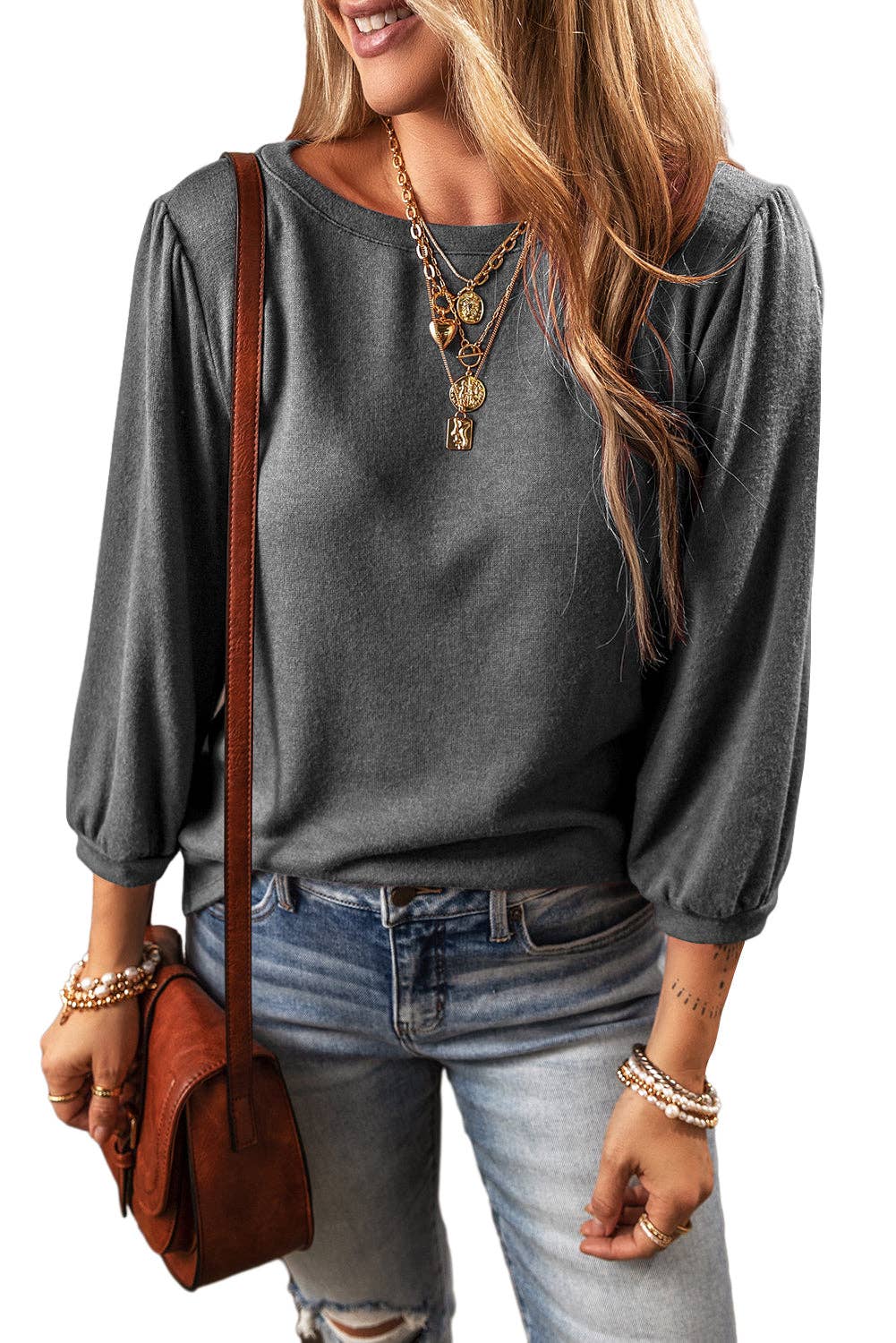 3/4 Puff Sleeve Round Neck Top