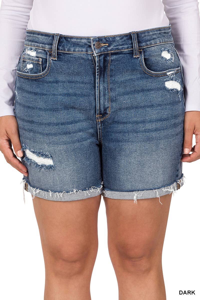 PLUS SIZE DISTRESSED CUFFED RAW HEM DENIM SHORTS