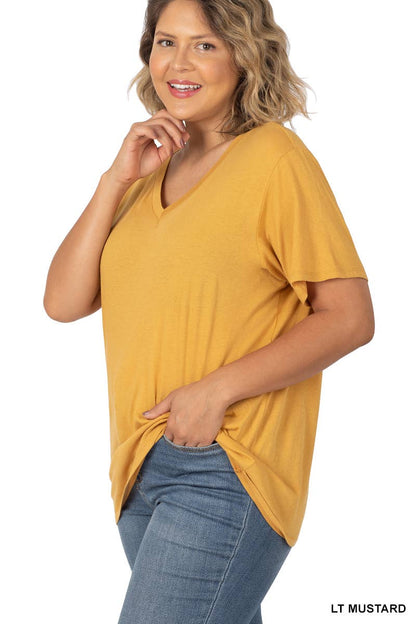 PLUS SIZE COTTON SHORT SLEEVE BOYFRIEND V-NECK TOP