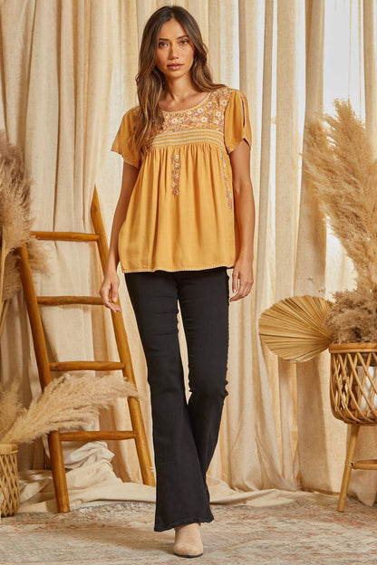 Savannah Jane Split Embroidery Sleeve Flowy Blouse