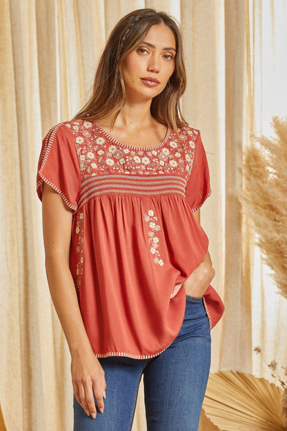 Savannah Jane Split Embroidery Sleeve Flowy Blouse