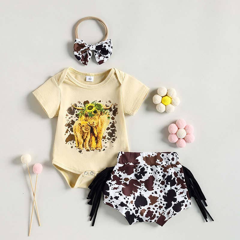 Baby Short Sleeve Jumpsuit Bull Head Floral Tassel Set