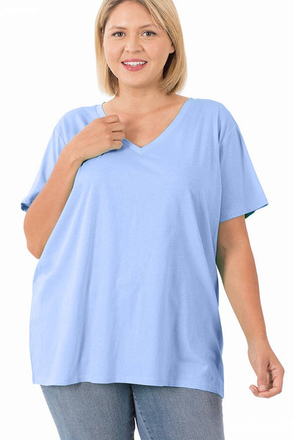 PLUS SIZE COTTON SHORT SLEEVE BOYFRIEND V-NECK TOP