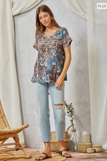 Savannah Jane PLUS SIZE Aztec Embroidery Tunic Top Features a Round Neck