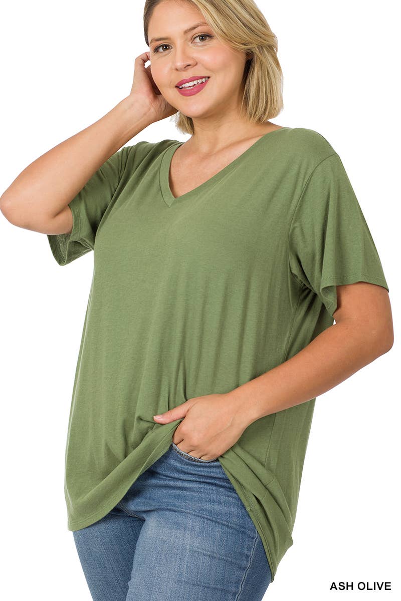 PLUS SIZE COTTON SHORT SLEEVE BOYFRIEND V-NECK TOP