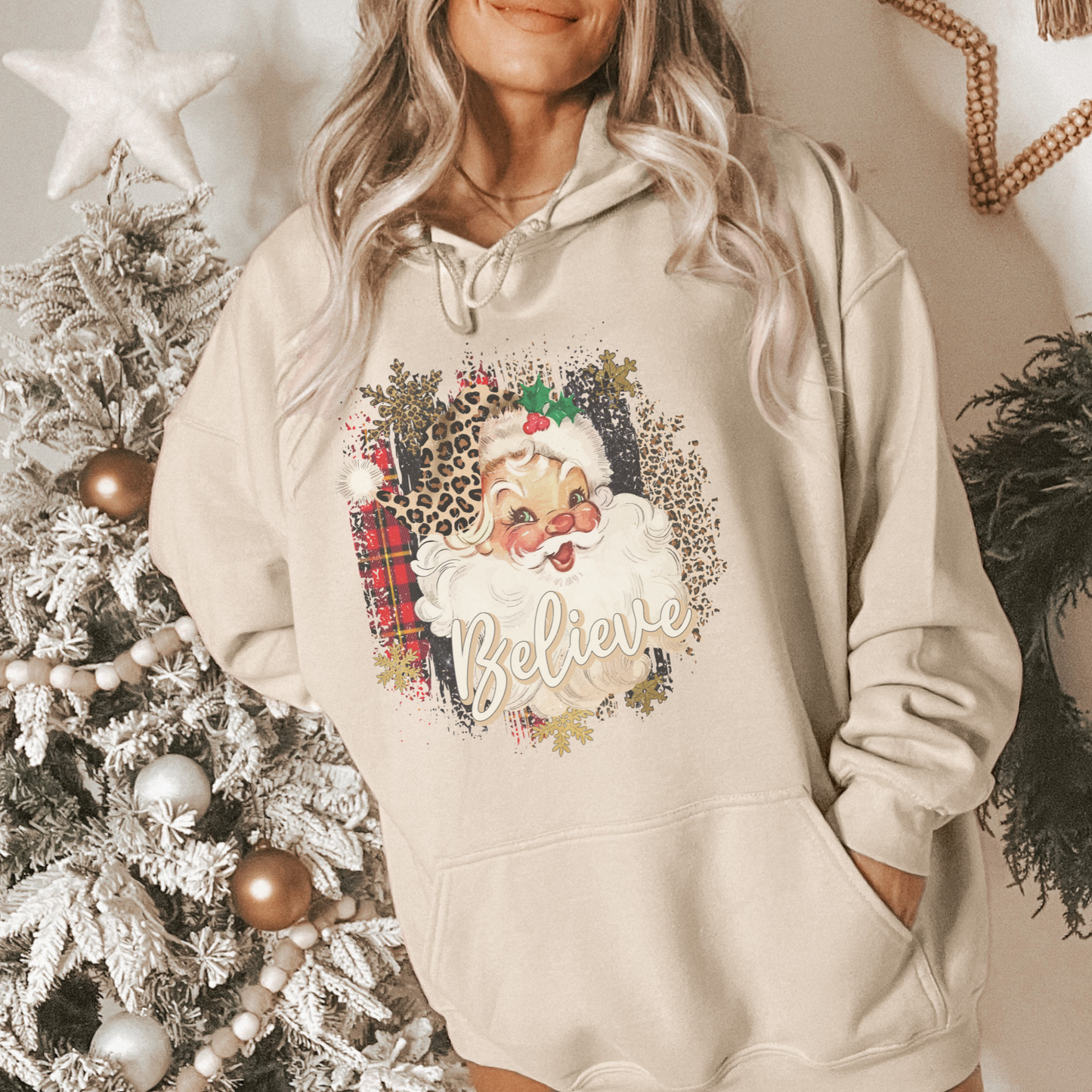 Retro Vintage Leopard Santa Women's Christmas Hoodie