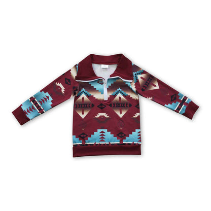 Long sleeves kids boys zipper aztec western pullover