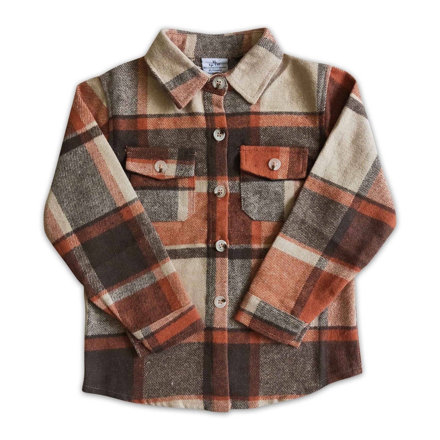 Brown plaid cotton pocket boy thick flannel button up shirt