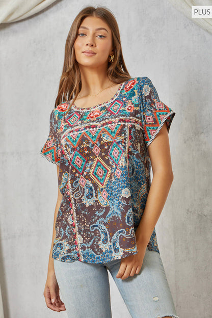 Savannah Jane PLUS SIZE Aztec Embroidery Tunic Top Features a Round Neck