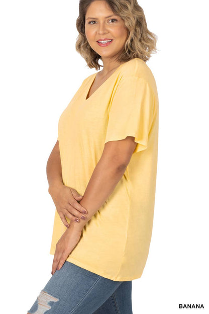 PLUS SIZE COTTON SHORT SLEEVE BOYFRIEND V-NECK TOP